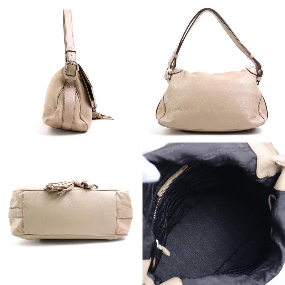 Celine Shoulder Leather Bag Silver Beige Silver Tan